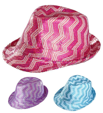 "ZICKZACK PAILLETTEN FEDORA" in 3 Farben sortiert (4 rosa, 4 violett, 4 türkis)