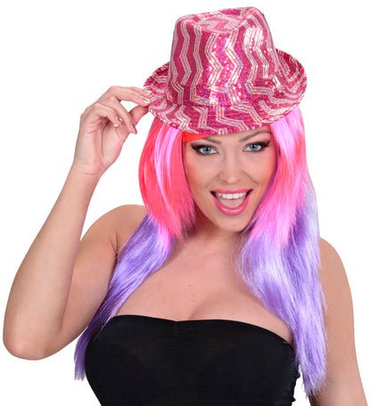 "ZICKZACK PAILLETTEN FEDORA" in 3 Farben sortiert (4 rosa, 4 violett, 4 türkis)