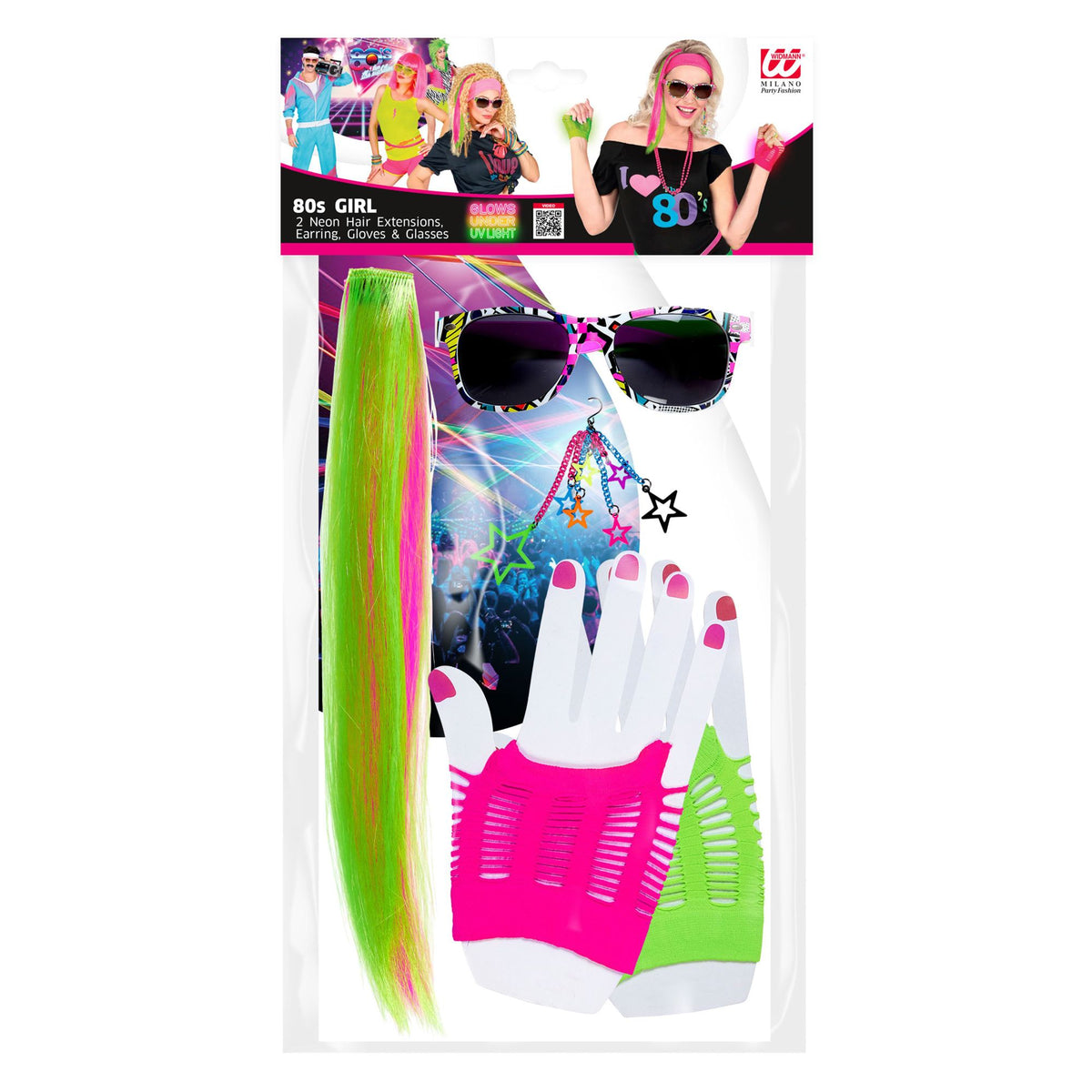 "80's GIRL" (2 Neon Harrextensions,Ohrring, Handschuhe & Brille)