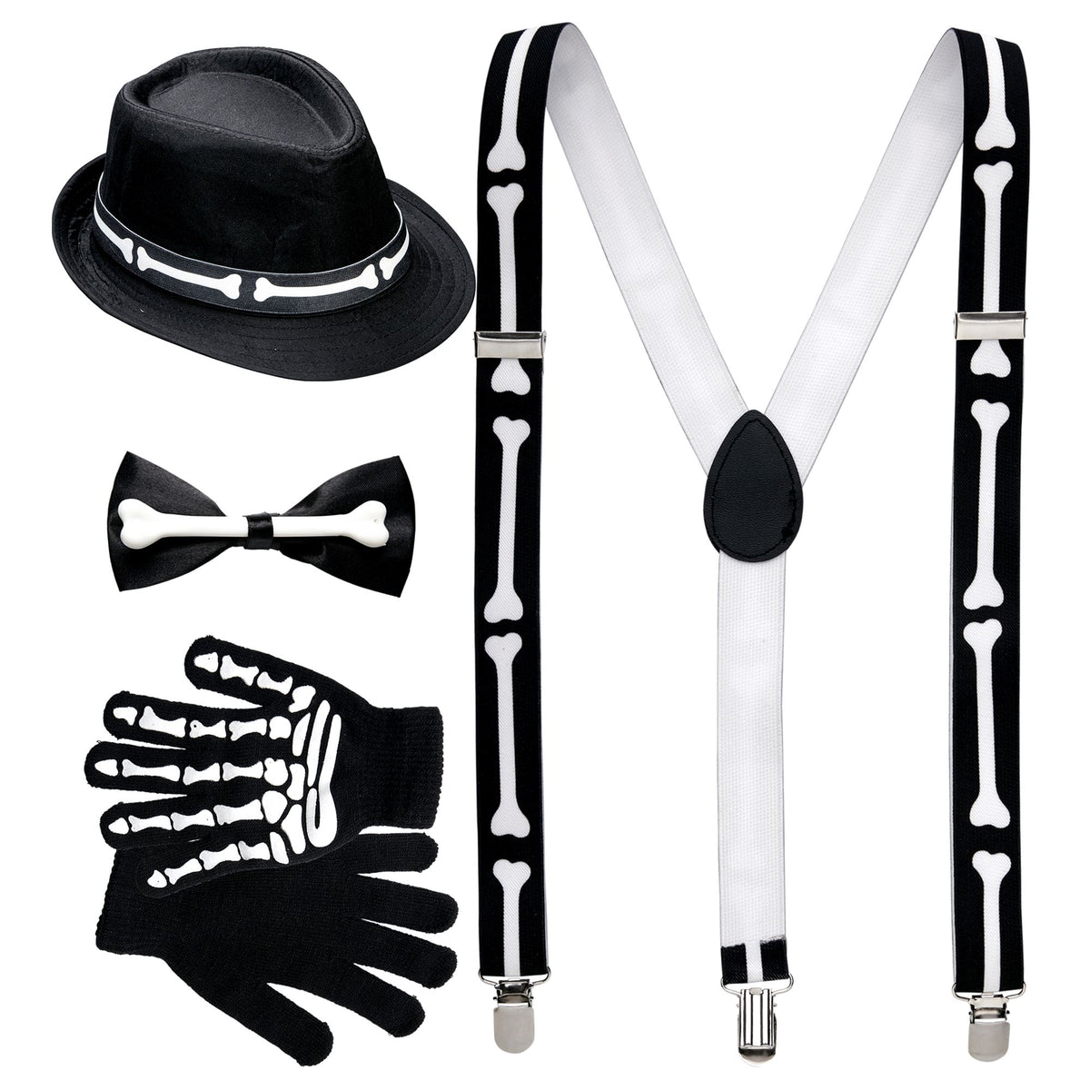"Skelett" (Hosenträger, Fliege, Handschuhe & Hut)
