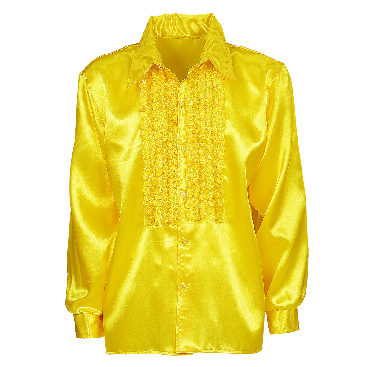 "70er JAHRE DISCO FASHION - GELB" (Rüschenhemd aus Satin)