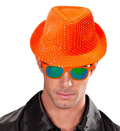 Neon oranger Fedora mit Pailletten von Widmann – Seitenansicht