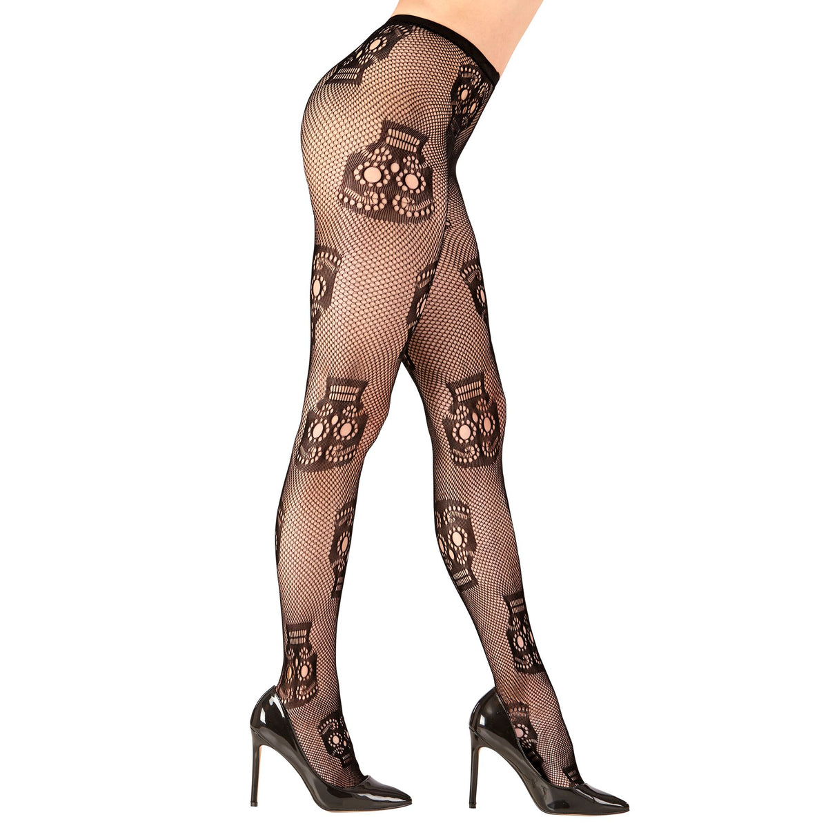 Schwarze 50-DEN-Strumpfhose mit Dia-de-los-Muertos-Totenköpfen von Widmann – Seitenansicht