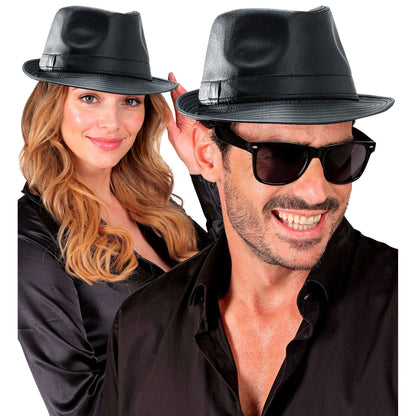 "SCHWARZER FEDORA AUS KUNSTLEDER"