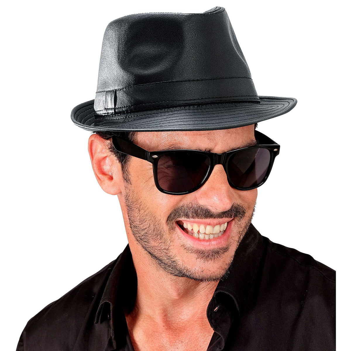"SCHWARZER FEDORA AUS KUNSTLEDER"