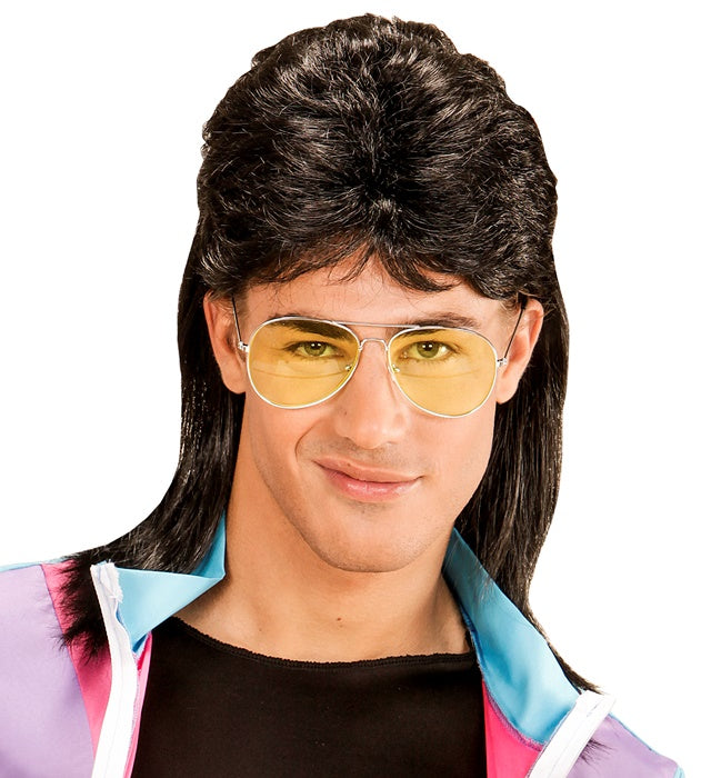Widmann schwarze Vokuhila-Perücke im 80er-Jahre-Stil mit Brille – Rückansicht