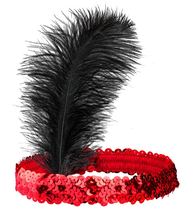 "ROTES PAILLETTEN STIRNBAND MIT FEDER"