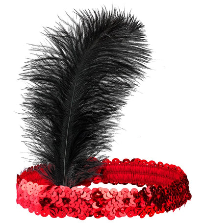 "ROTES PAILLETTEN STIRNBAND MIT FEDER"