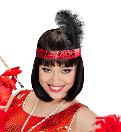 "ROTES PAILLETTEN STIRNBAND MIT FEDER"