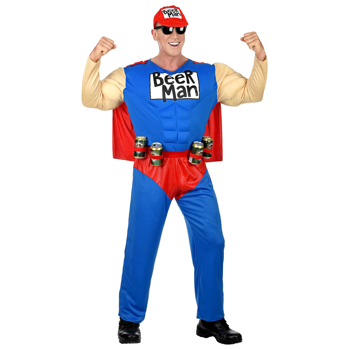 "SUPER BEER MAN" (Muskel Overall mit Umhang, Gürtel mit Dosenhalter, Basecap)