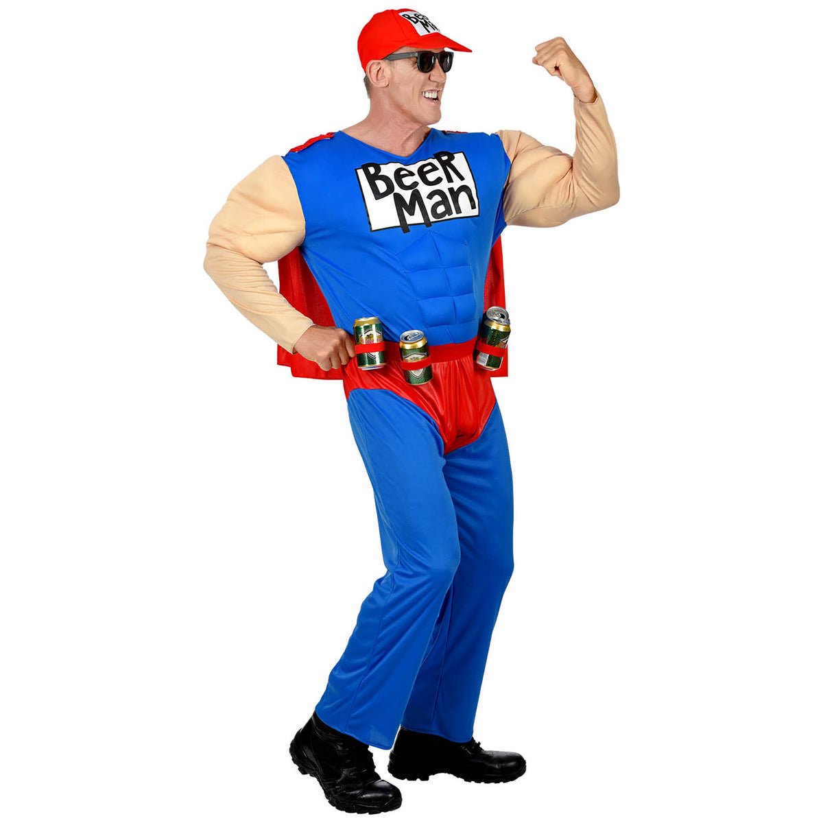 "SUPER BEER MAN" (Muskel Overall mit Umhang, Gürtel mit Dosenhalter, Basecap)
