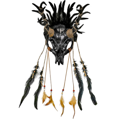 "BULLENSCHÄDEL SCHAMANENKOPF MASKE MIT SCHWARZEN FEDERN"