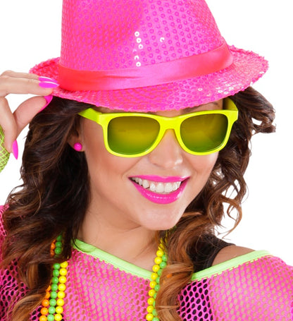 Neon-gelbe 80er-Jahre-Brille mit Revo-Gläsern von Widmann – Rückansicht