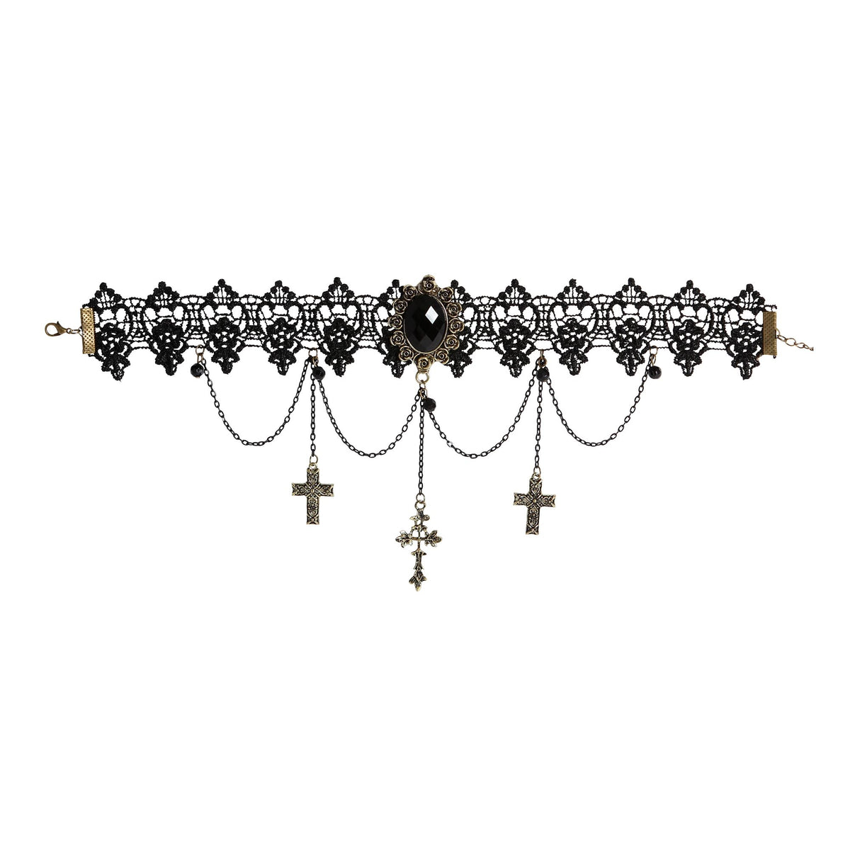"GOTISCHES HALSBAND MIT SCHWARZEM ANHÄNGER, KETTEN & KREUZEN"