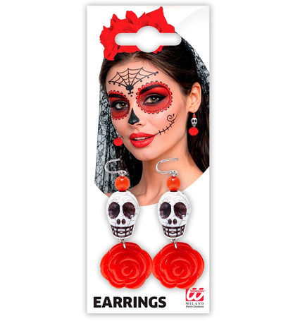"OHRRINGE MIT WEISSEM TOTENKOPF UND ROTER ROSE"