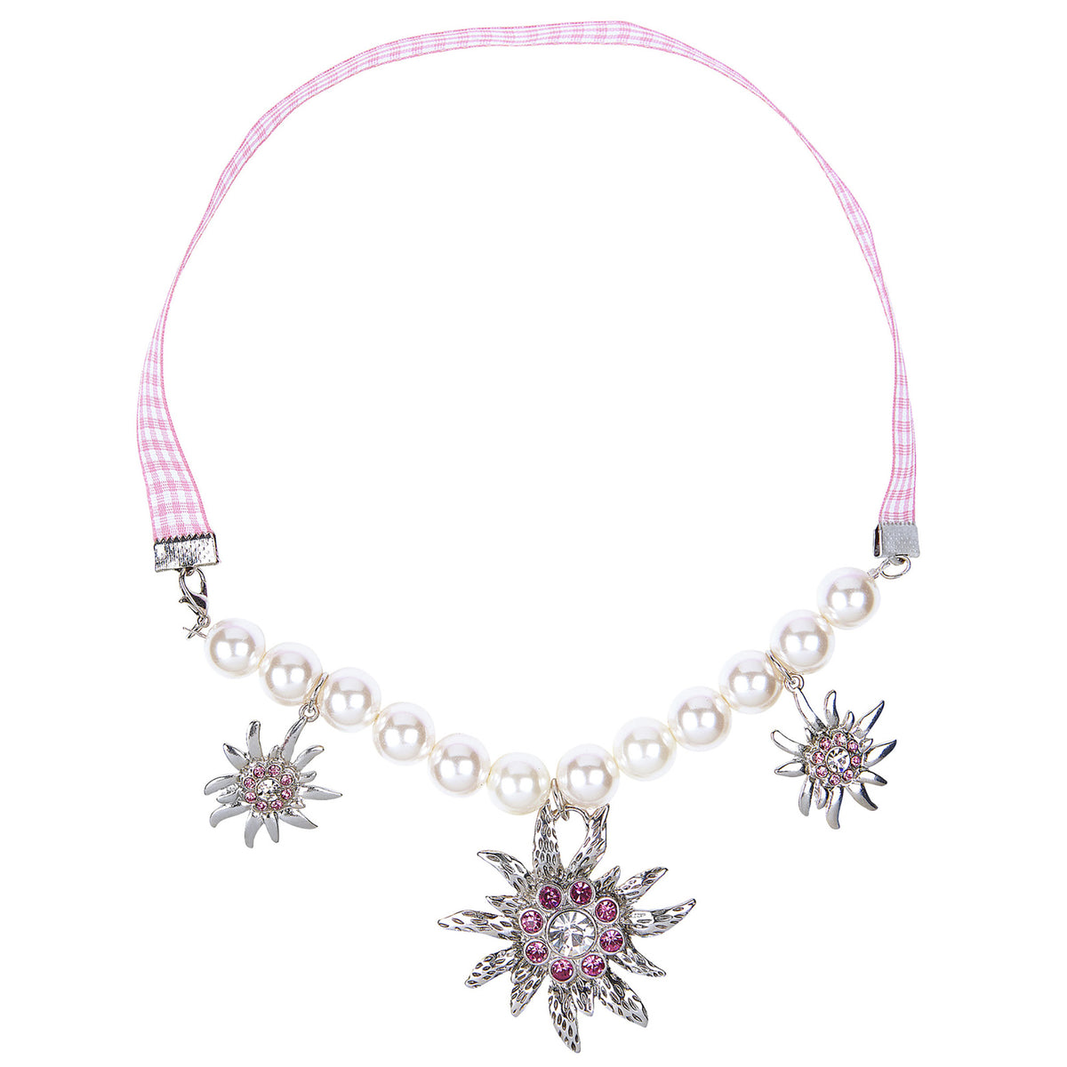 "PERLENKETTE EDELWEISS MIT KLAREN UND ROSA STRASS"