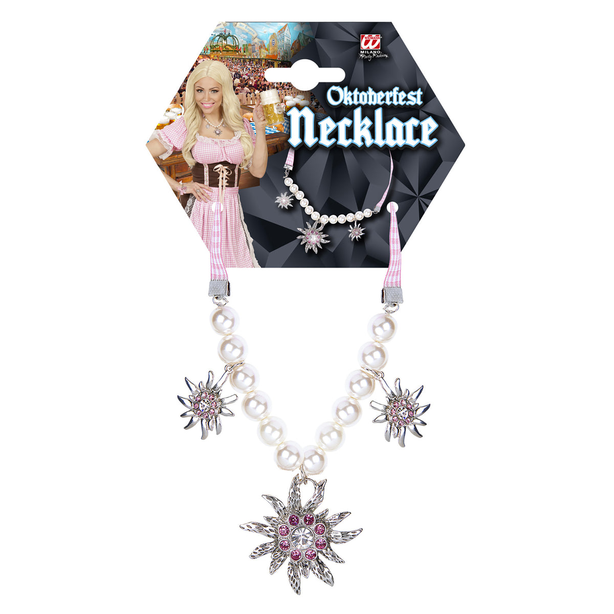 "PERLENKETTE EDELWEISS MIT KLAREN UND ROSA STRASS"