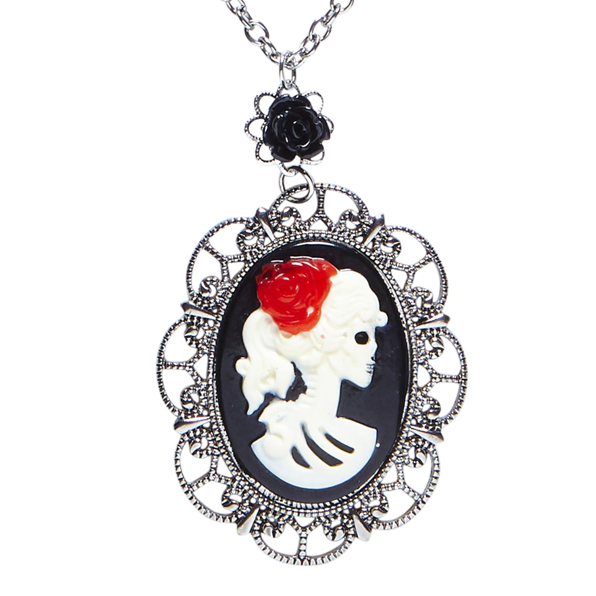"KETTE MIT SCHWARZER ROSE & TOTENKOPF-KAMEE"