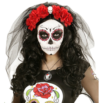 "HAARREIF MIT 6 ROTEN ROSEN, TOTENKOPF UND SCHLEIER"