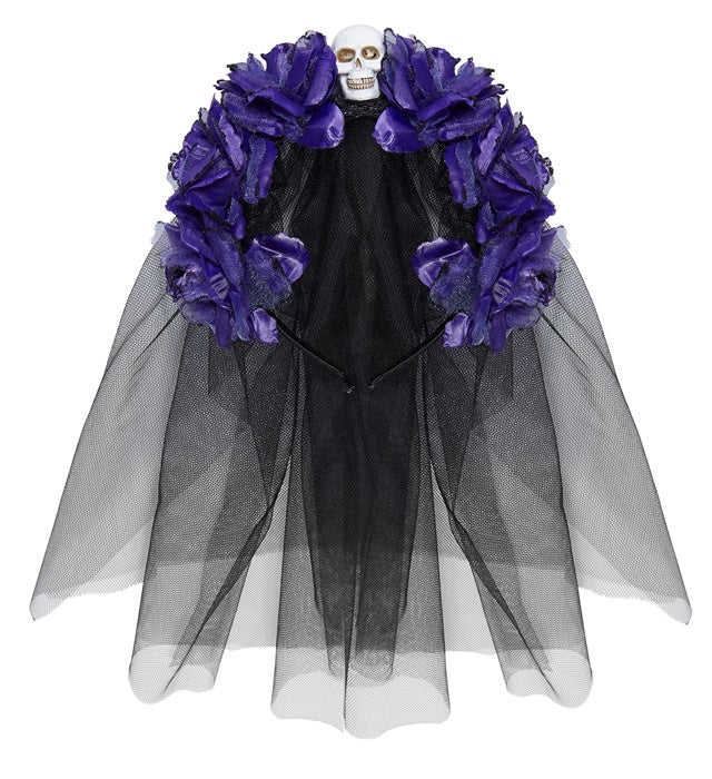 Widmann Haarreif mit sechs violetten Rosen, Totenkopf und Schleier – Produktansicht