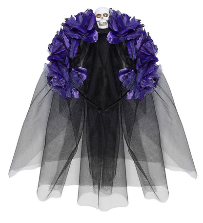 Widmann Haarreif mit sechs violetten Rosen, Totenkopf und Schleier – Produktansicht
