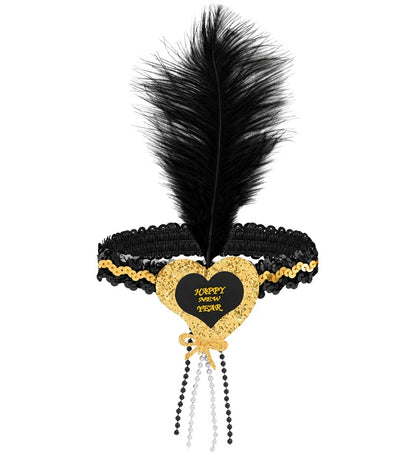 "GOLD-SCHWARZES HAARBAND MIT HERZ HAPPY NEW YEAR AUS SEQUIN UND MIT FEDER"