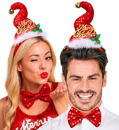 Widmann Weihnachtsmann-Minihut aus roten Pailletten mit Glöckchen und Fliege – Seitenansicht