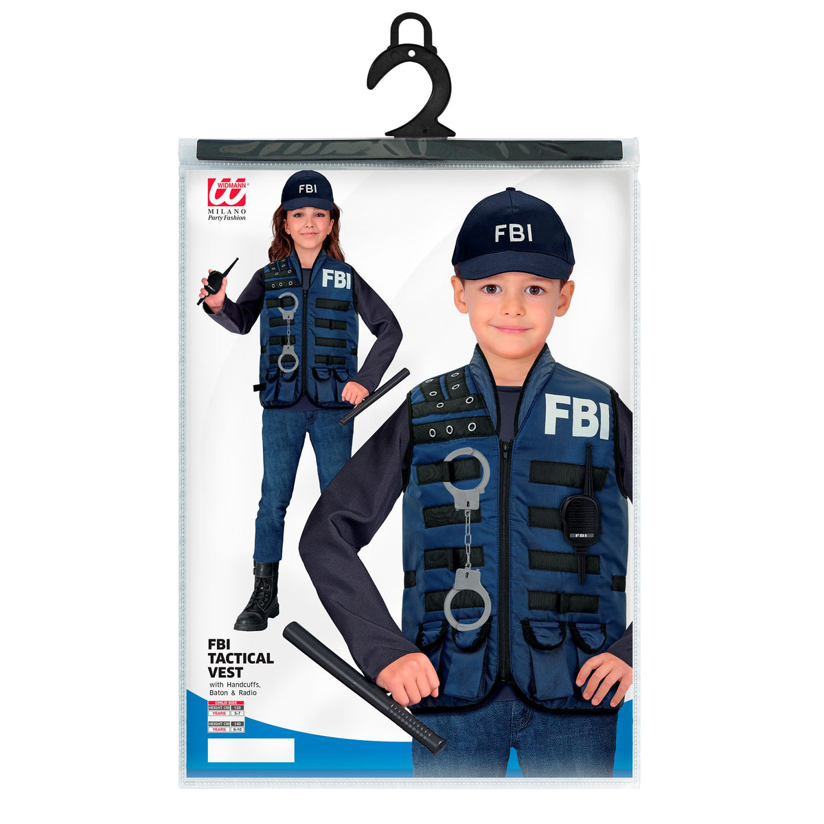 Widmann "FBI TAKTISCHE EINSATZWESTE MIT HANDSCHELLEN, SCHLAGSTOCK UND FUNKGERÄT"- Kindergröße – Verpackung