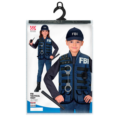 Widmann "FBI TAKTISCHE EINSATZWESTE MIT HANDSCHELLEN, SCHLAGSTOCK UND FUNKGERÄT"- Kindergröße – Verpackung
