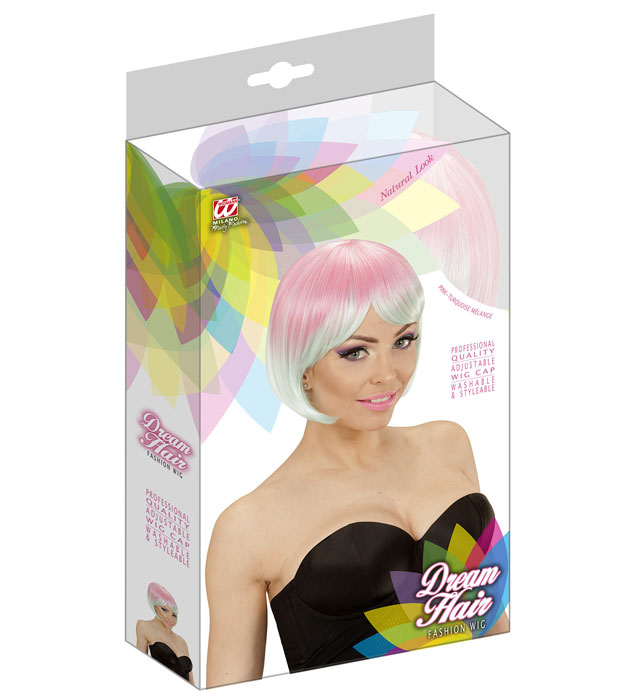 "MELANGE FASHION PERÜCKE PINK-TÜRKIS" in farbiger Box