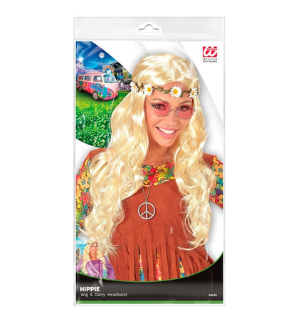 Blonde Widmann Hippie- und Mittelalter-Perücke mit Blumenstirnband – Detailansicht