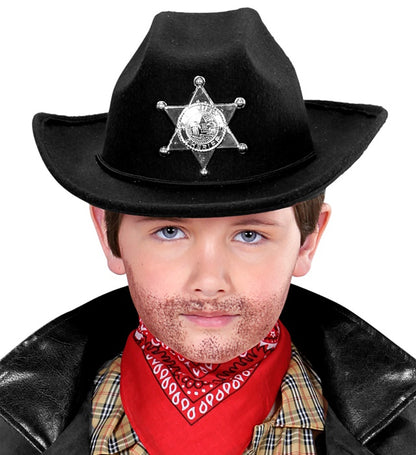 Schwarzer Cowboyhut mit Sheriffstern von Widmann für Kinder – Seitenansicht