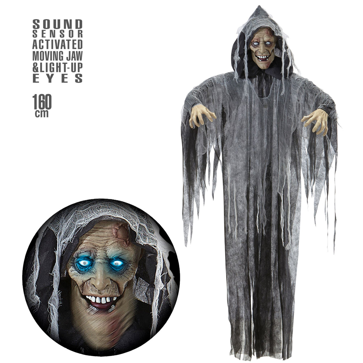 Sprechender Zombie 160 cm mit beweglichem Kinn und Light-up-Augen von Widmann – Produktansicht