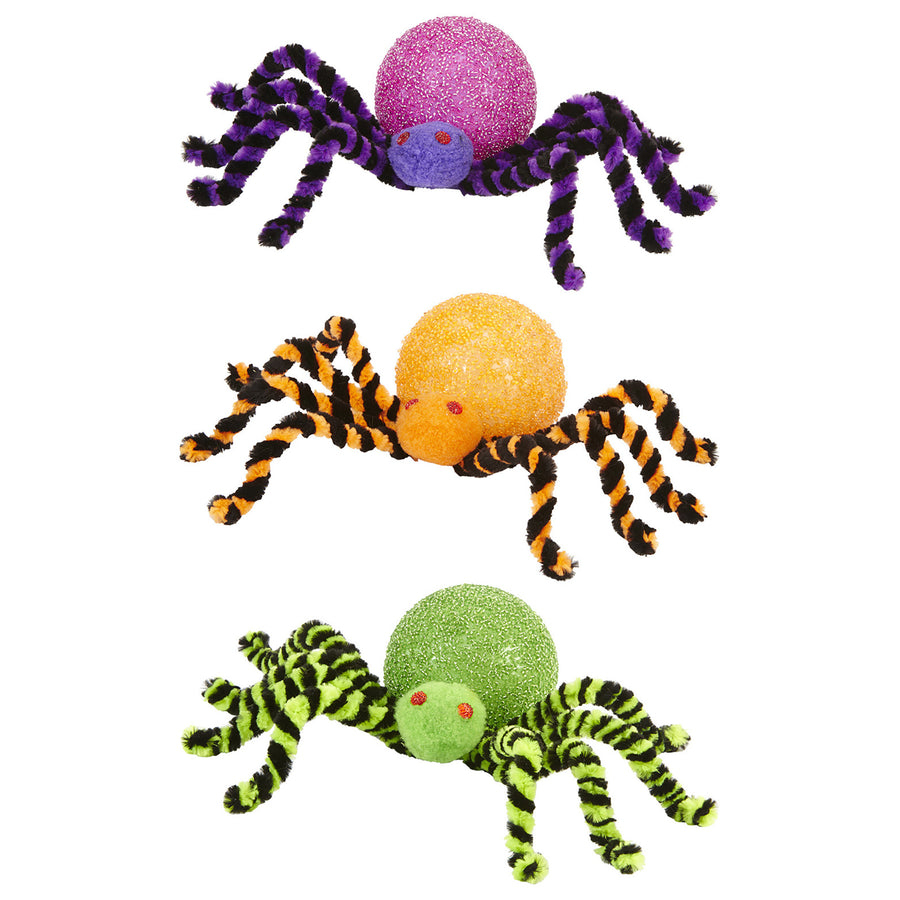 Widmann 12 farbwechselnde Spinnen 30 cm im Display für Halloween-Dekoration – Detailansicht