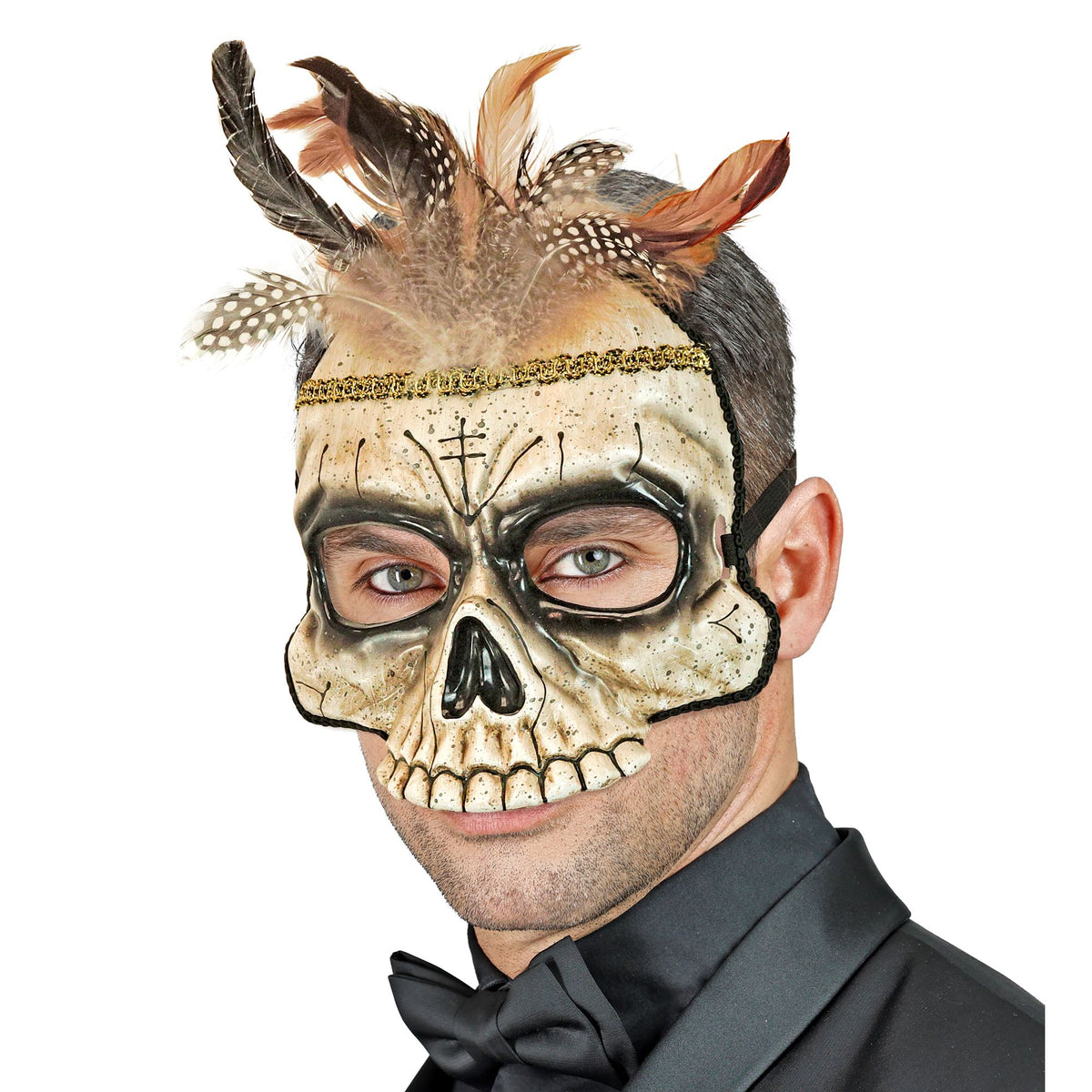 "VOODOO TOTENKOPF MASKE KINNLOS MIT FEDERN AUS HARDPLASTIK"