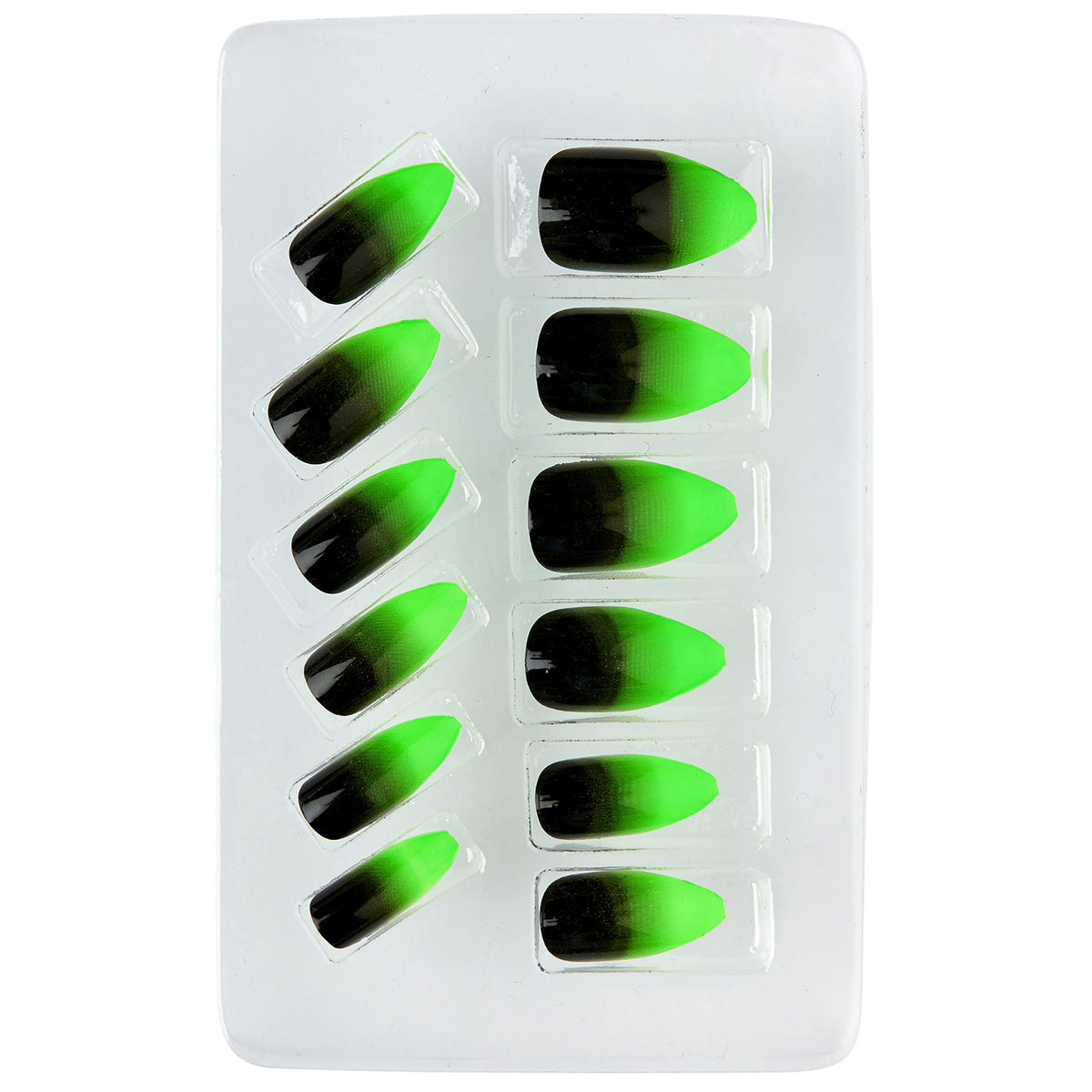 "Set von 12 SELBSTKLEBENDEN FINGERNÄGELN - SCHWARZ UND NEON GRÜN STILETTO"