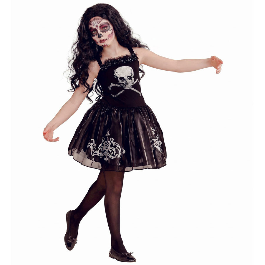 Widmann Skullerina Skull-Kleid für Kinder mit Totenkopf-Motiv in Schwarz – Detailansicht