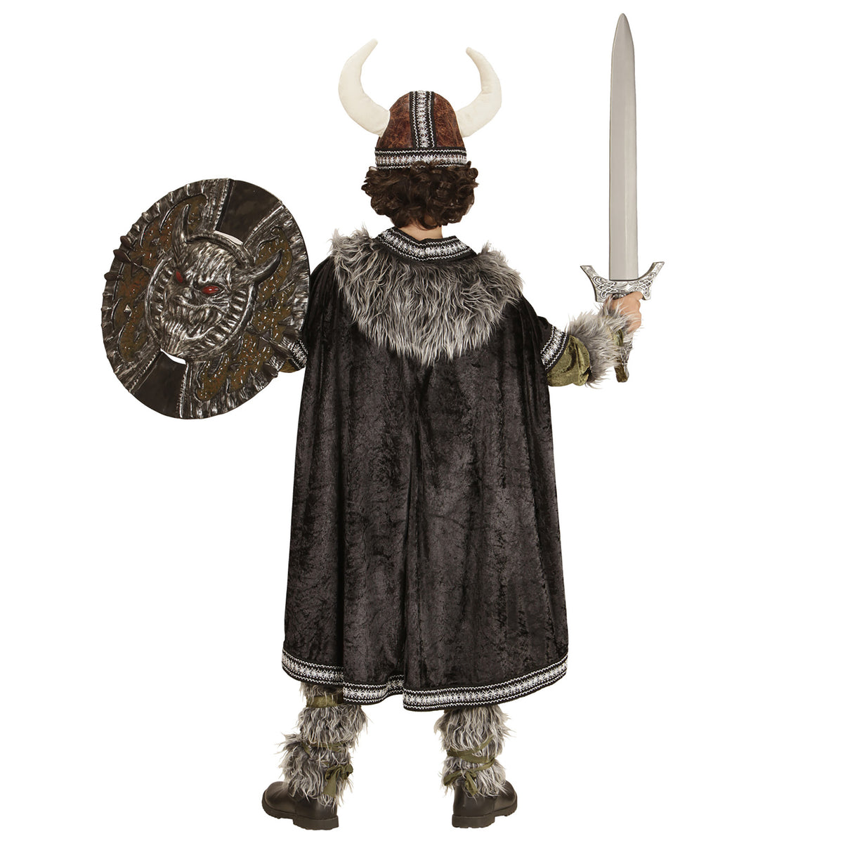 Widmann Wikinger-Kinderkostüm mit Oberteil Hose Gürtel Armstulpen Beinstulpen Umhang und Helm – Seitenansicht