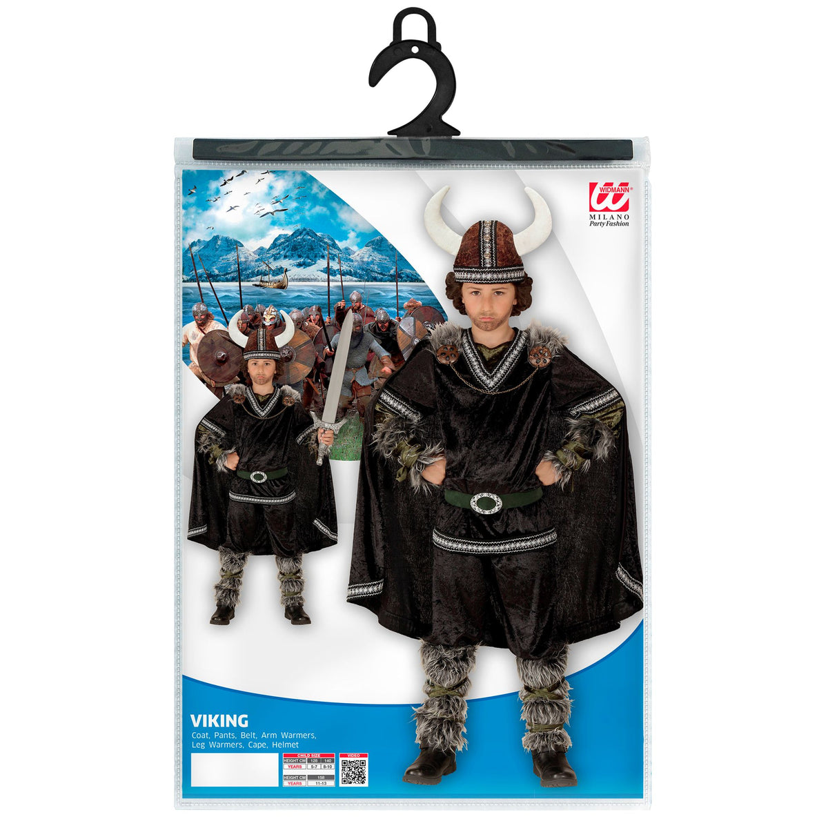 Widmann Wikinger-Kinderkostüm mit Oberteil Hose Gürtel Armstulpen Beinstulpen Umhang und Helm – Rückansicht