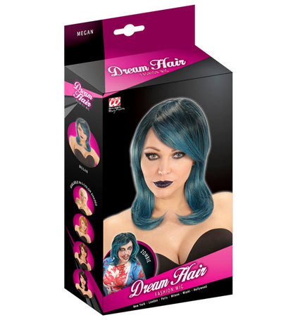 "PERÜCKE MEGAN SCHWARZ-BLAU-GRÜN IN DREAM HAIR QUALITÄT" in farbiger Box