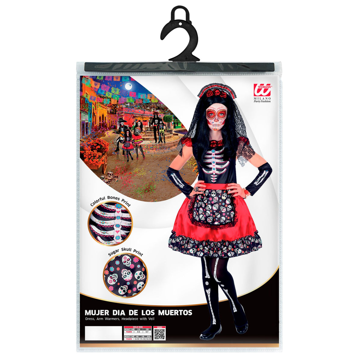 "MUJER DIA DE LOS MUERTOS" (Kleid, Armstulpen, Haarreif mit Schleier)