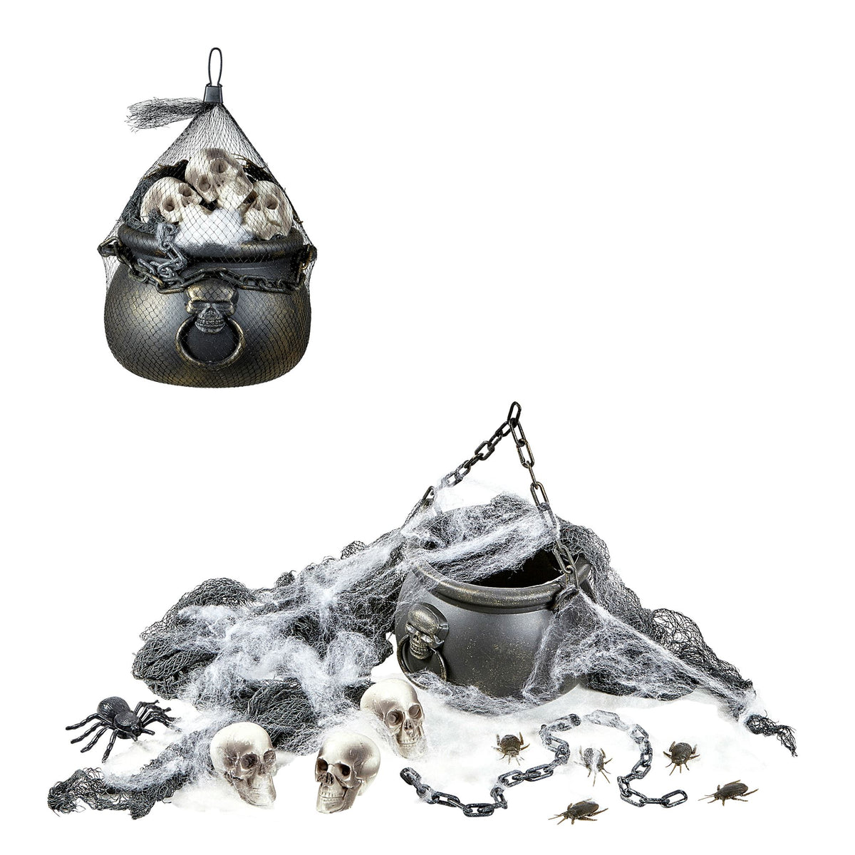 "DEKORATIVES HALLOWEENSET" (Kessel, 3 Totenköpfe, Spinnennetz und Spinne, Ketten und grusliger Dekorationsstoff)