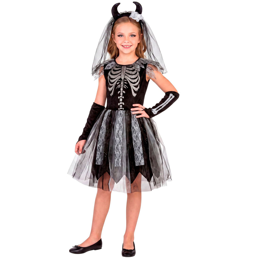 Widmann Skeletbraut Kinderkostüm mit Kleid, fingerlosen Handschuhen und Brautschleier mit Hörnern – Produktansicht