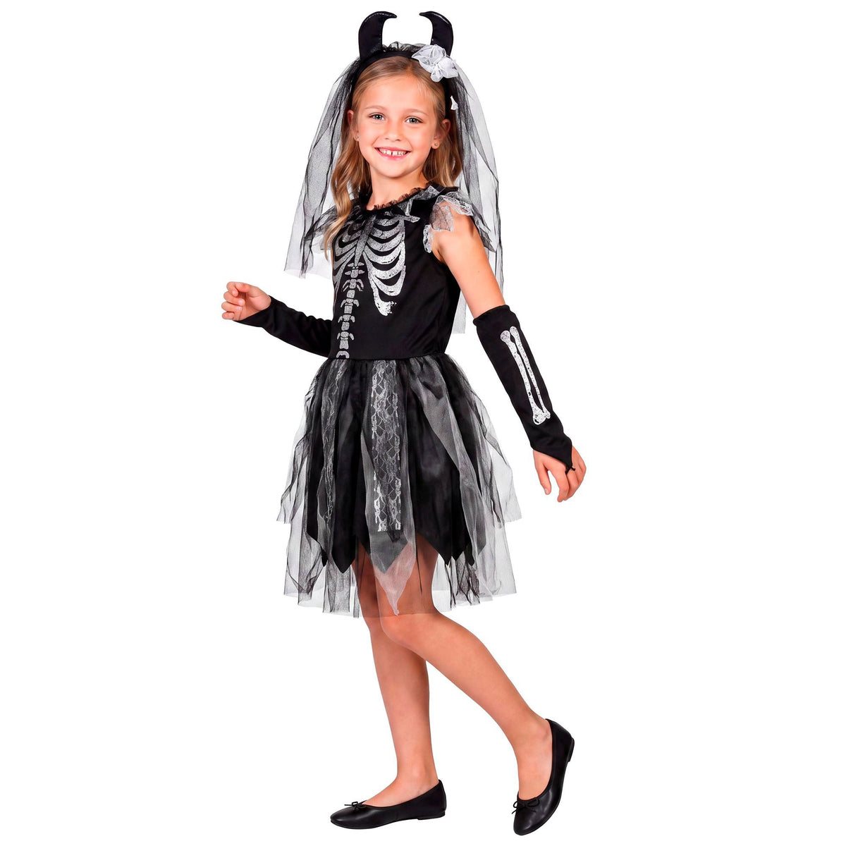 Widmann Skeletbraut Kinderkostüm mit Kleid, fingerlosen Handschuhen und Brautschleier mit Hörnern – Seitenansicht
