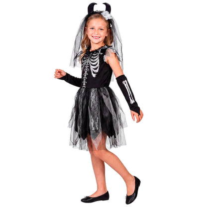 Widmann Skeletbraut Kinderkostüm mit Kleid, fingerlosen Handschuhen und Brautschleier mit Hörnern – Seitenansicht