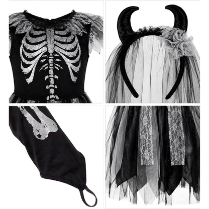 Widmann Skeletbraut Kinderkostüm mit Kleid, fingerlosen Handschuhen und Brautschleier mit Hörnern – Verpackung