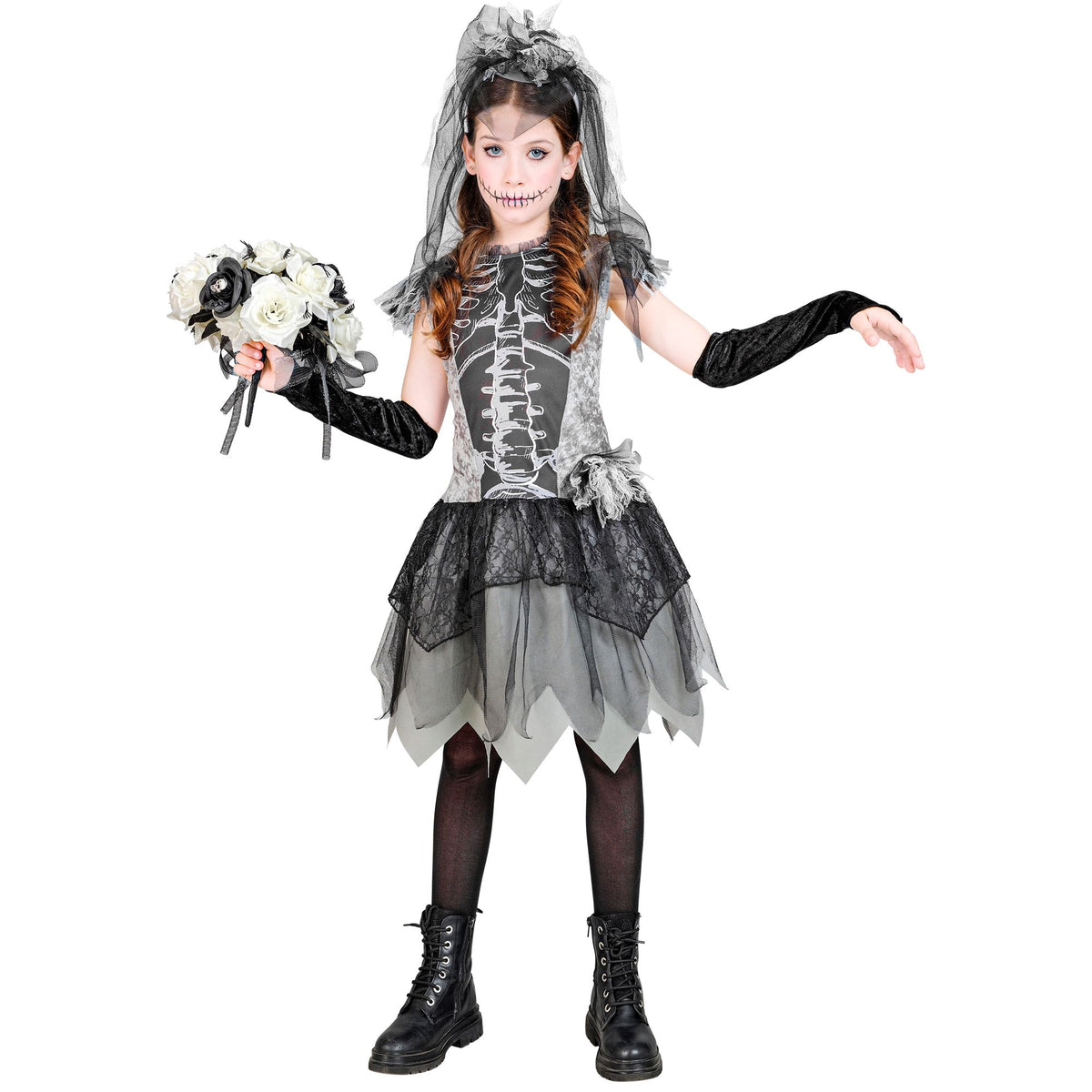 "SKELEBRIDE" (Kleid, fingerlose Handschuhe, Brautschleier)