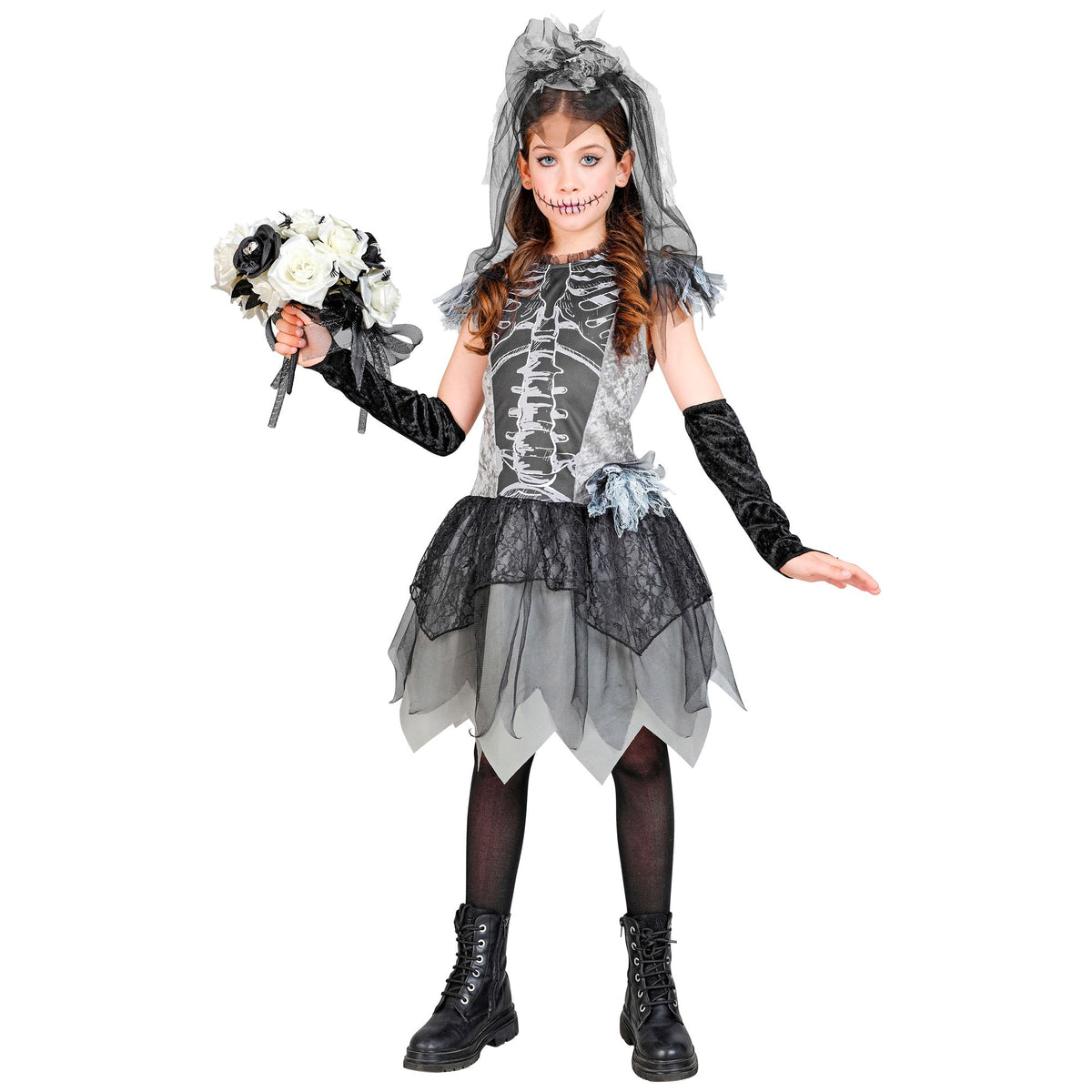 "SKELEBRIDE" (Kleid, fingerlose Handschuhe, Brautschleier)