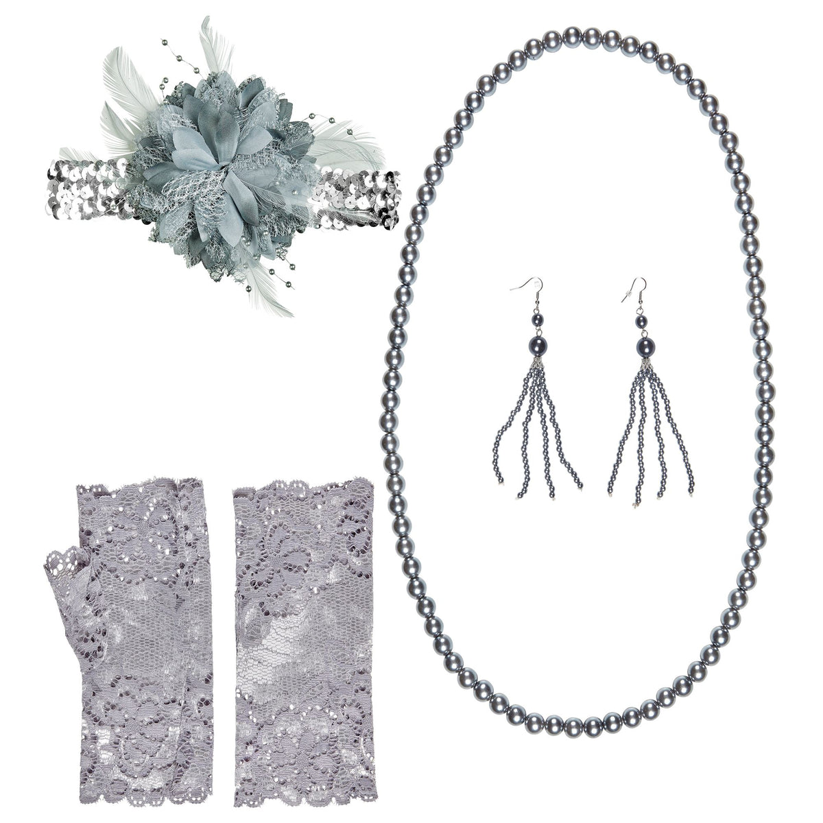 "ROARING 20s FLAPPER" (Paillettenstirnband mit Blumen, Paar Perlenohrringe, Perlenkette, Paar fingerlose Handschuhe aus Spitze)