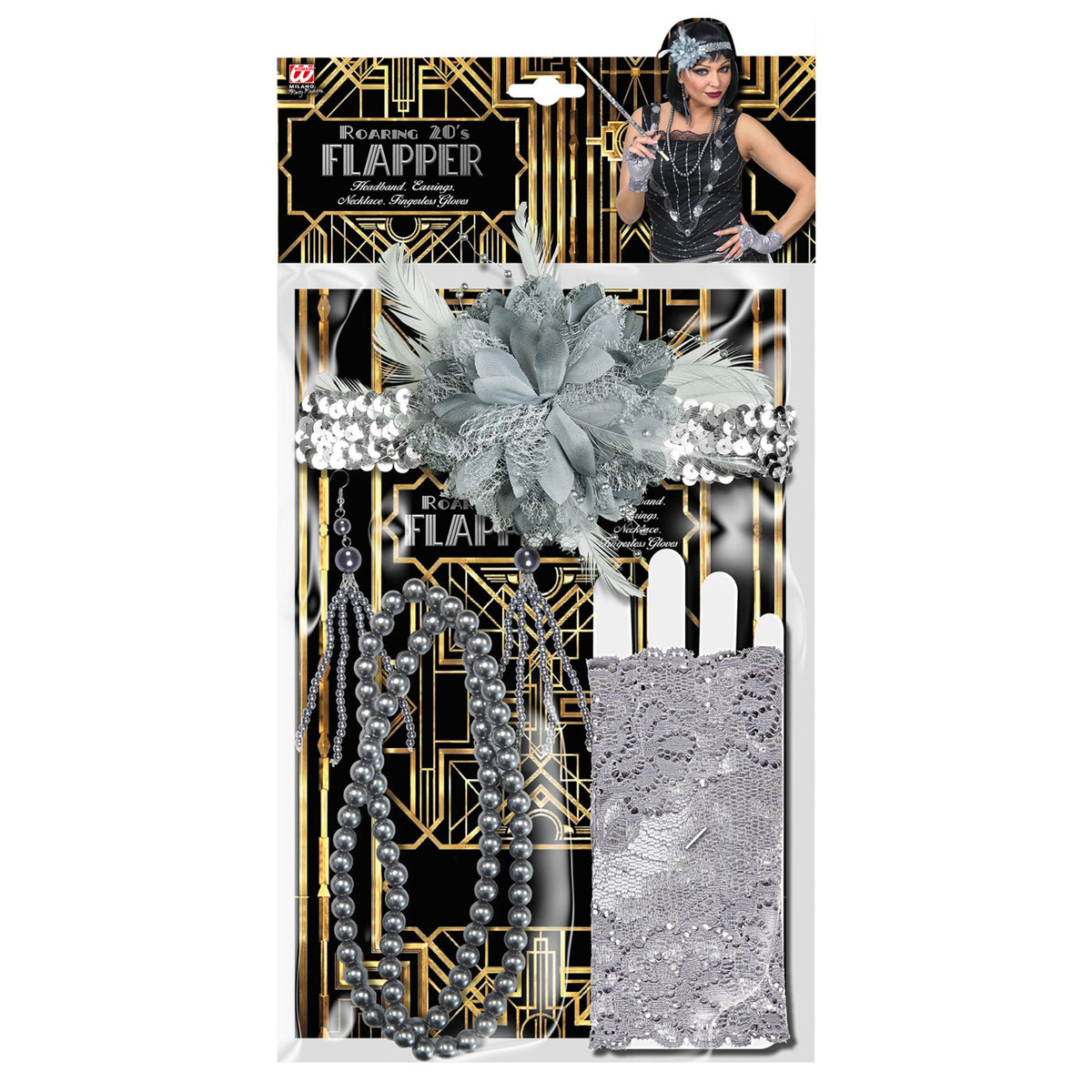 "ROARING 20s FLAPPER" (Paillettenstirnband mit Blumen, Paar Perlenohrringe, Perlenkette, Paar fingerlose Handschuhe aus Spitze)